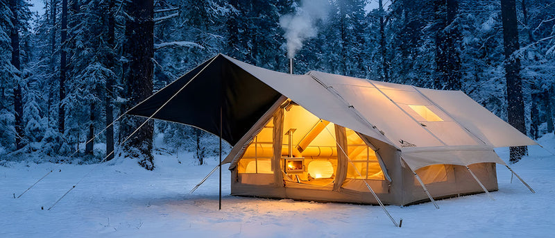 Inflatable glamping tent with a glowing wood stove in a snowy winter forest.
