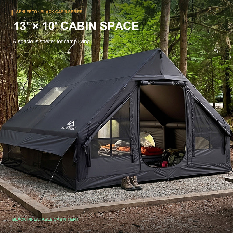 Senleeto black 13 x 10 ft inflatable cabin tent set up at a forest campsite