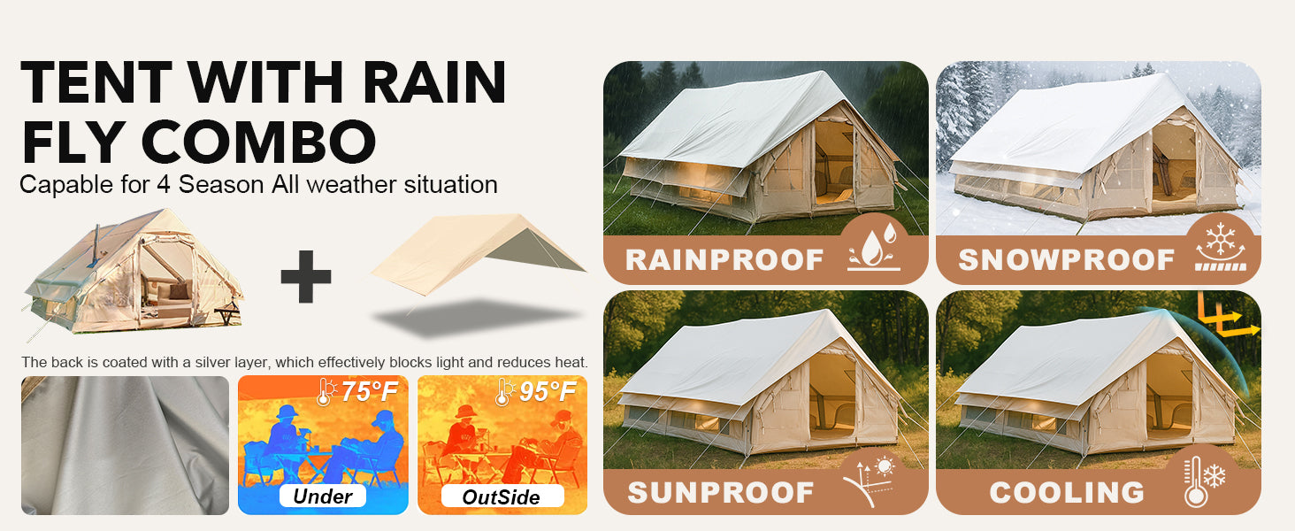 Senleeto 4-season inflatable tent combo: rainproof, snowproof, and silver-coated for $20^{\circ}\text{F}$ cooling ($75^{\circ}\text{F}$ vs $95^{\circ}\text{F}$).