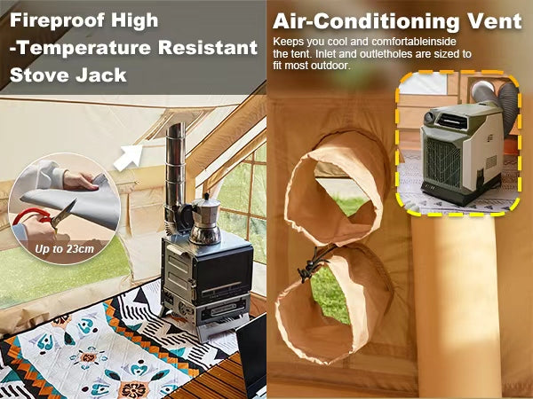 Senleeto inflatable tent details: fireproof stove jack for winter heating and dual AC ports for summer cooling.