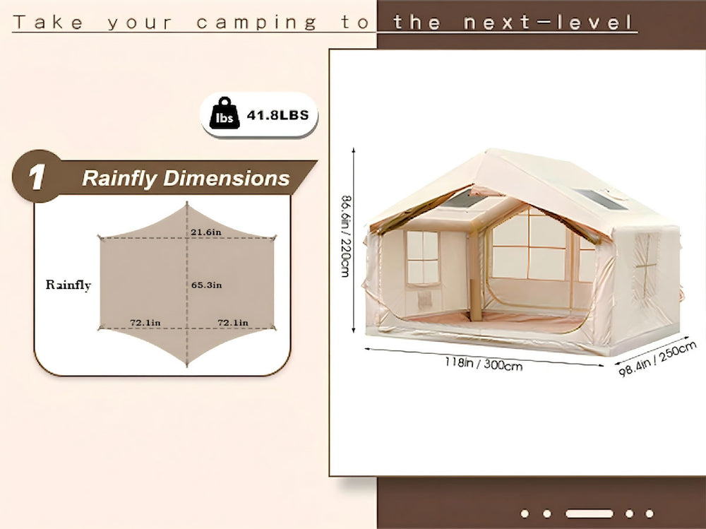 Inflatable tent size: 118x98.4 inches. 86.6" tall center height. 41.8 lbs total weight. Includes rainfly guide.