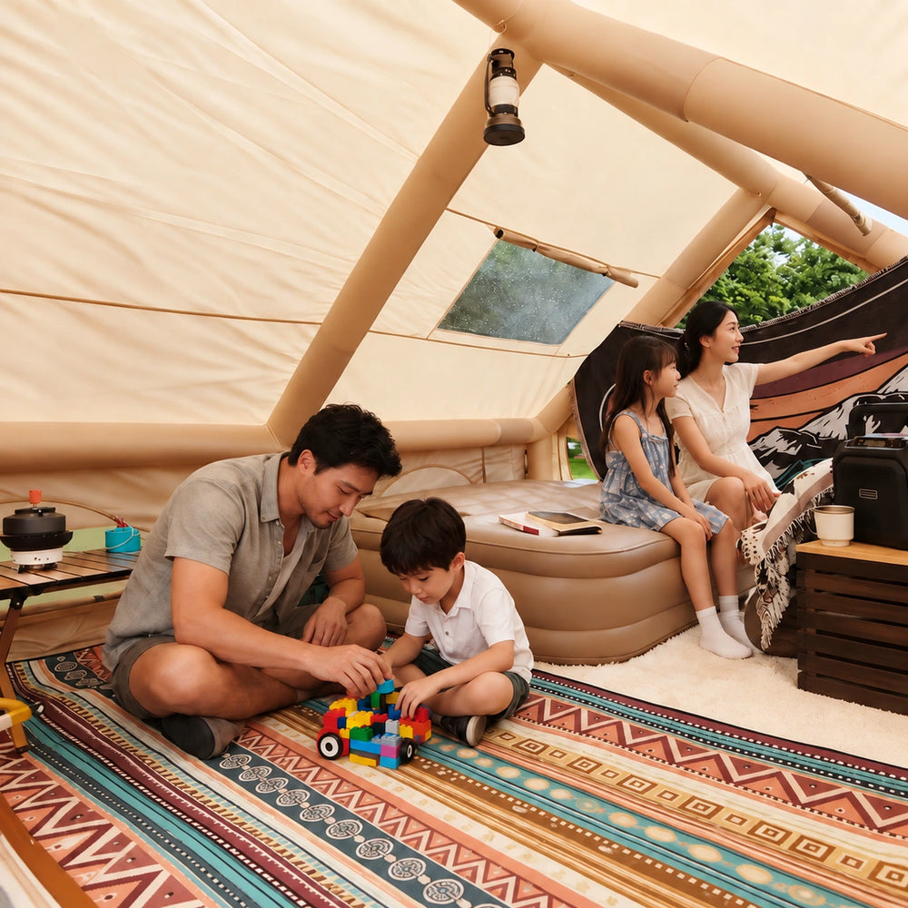 Family playing and relaxing inside the khaki Cabin tent