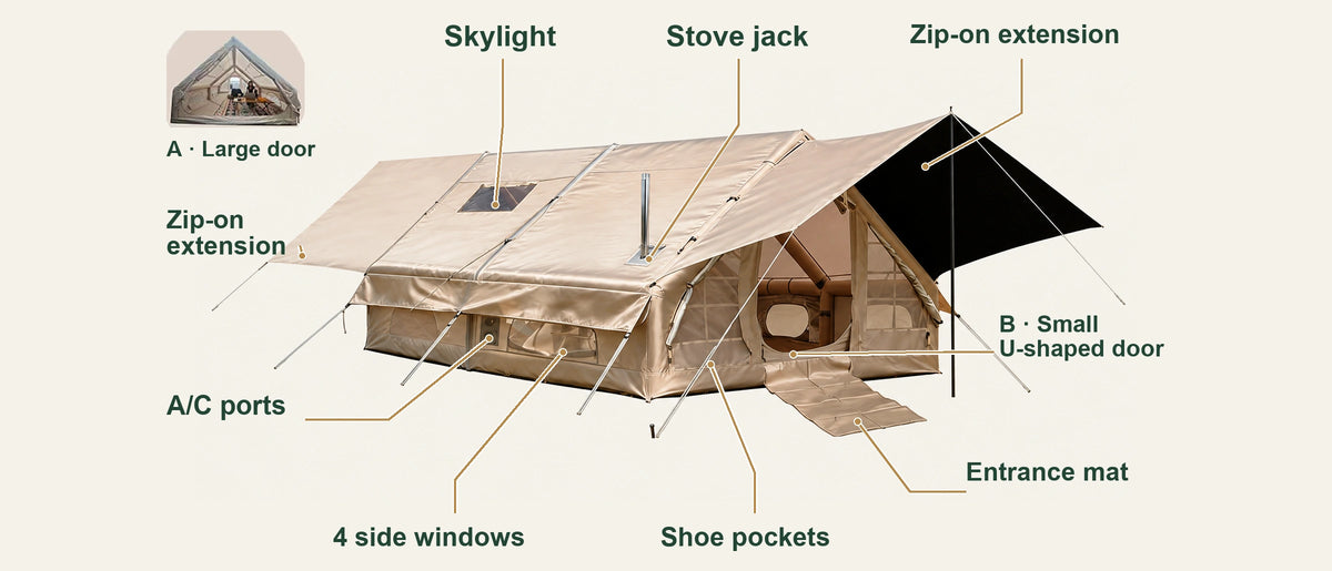 Khaki Cabin tent with labeled zip-on extensions, skylight, stove jack, A/C ports, side windows, doors, shoe pockets and entrance mat