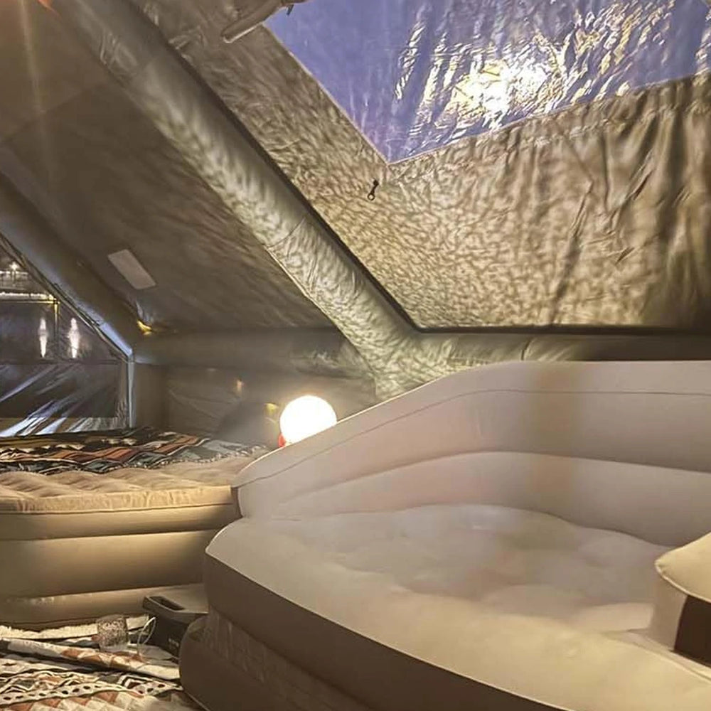 Close-up of the resting area inside the army green Cabin tent