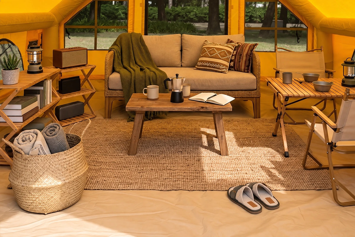 Furniture arrangement and floor space inside the yellow Cabin 13 x 10 tent
