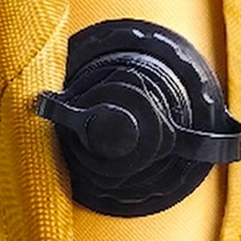 Inflation valve on the yellow Cabin tent