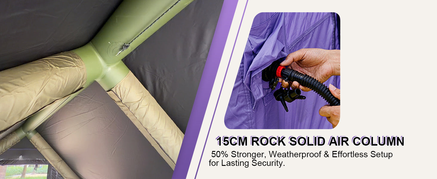 Close-up of Senleeto tent's thick 15cm air columns and a person attaching a pump hose for an effortless setup.