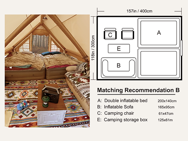 Senleeto inflatable tent interior floor plan: 157x118in layout with furniture matching recommendations.