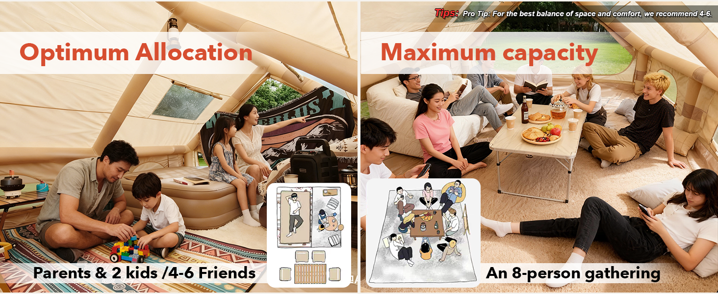 Senleeto inflatable tent capacity guide: optimum 4-6 people for family glamping, maximum 8-person social gathering.