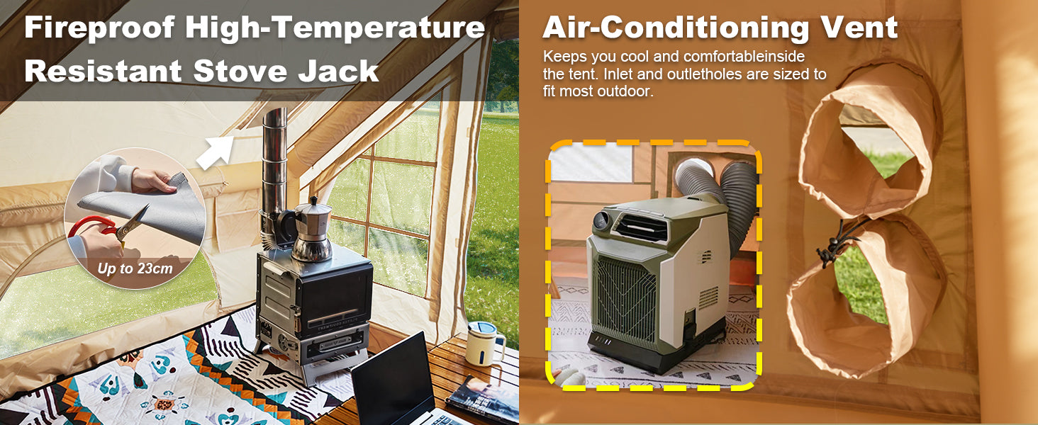 Senleeto tent features: fireproof cuttable stove jack (up to 23cm) and dual AC ports for year-round climate control.