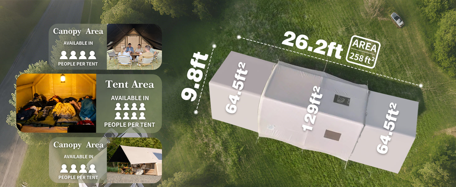 Aerial view of 26.2ft Senleeto inflatable tent: 258 sq ft total area with sleeping and dual canopy zones for 16 people.