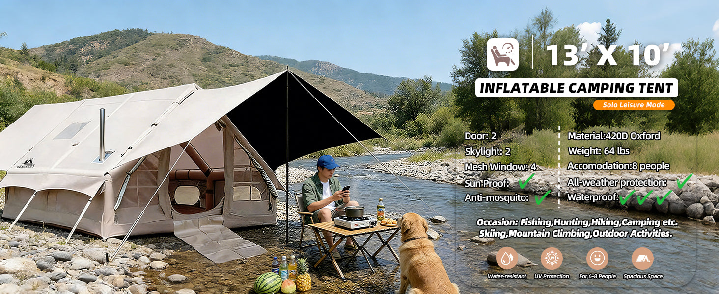 Senleeto 13x10 inflatable camping tent pitched by a river on a sunny day, with a camper and a dog relaxing under the awning.
