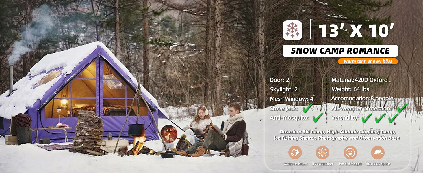 Couple reads by a winter campfire outside a purple 13x10 ft Senleeto inflatable tent with a smoking stove jack.