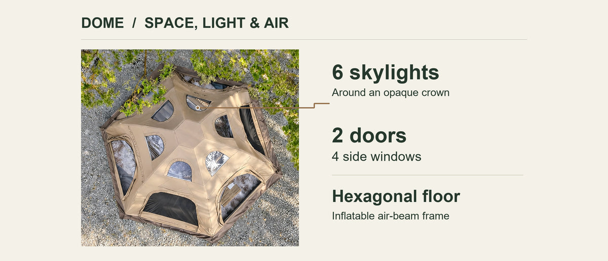 Olive green hexagonal Dome tent with six skylights, two doors and four side windows.