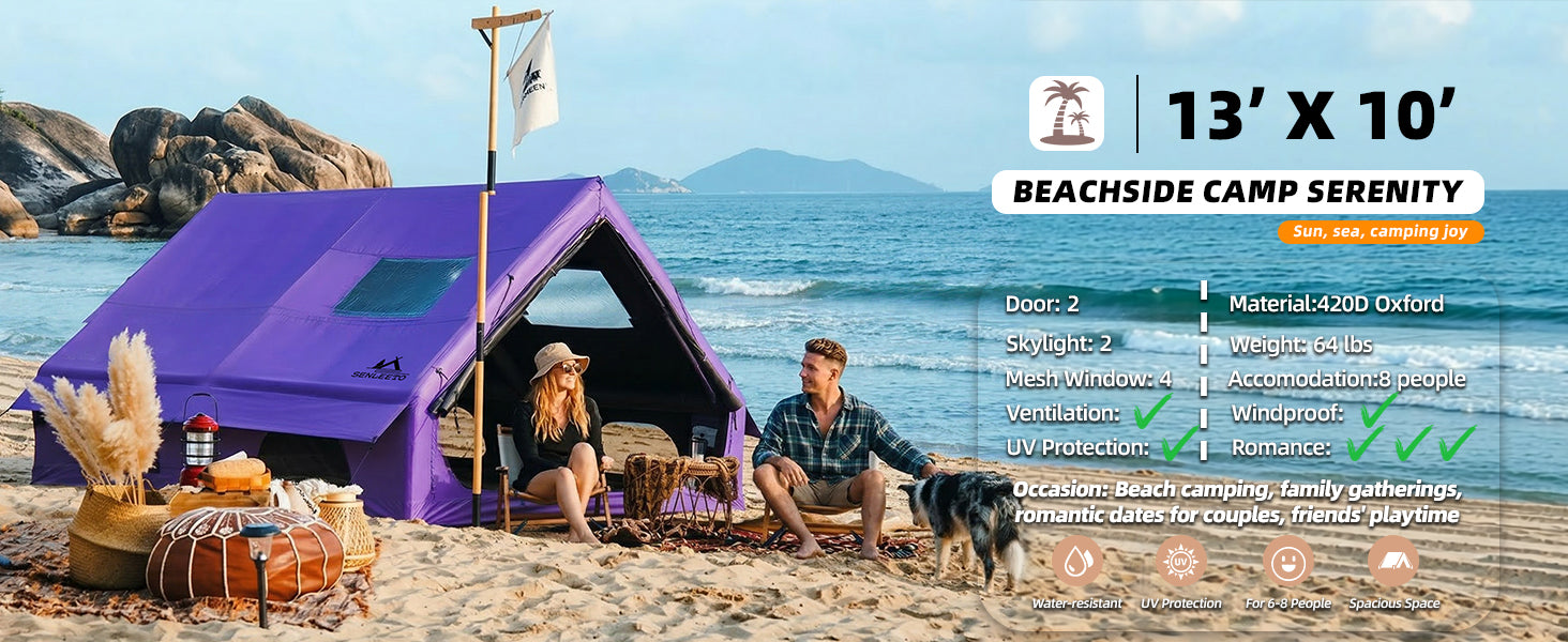 Purple Senleeto 13x10 ft inflatable glamping tent on a sunny beach, with a couple and their dog.