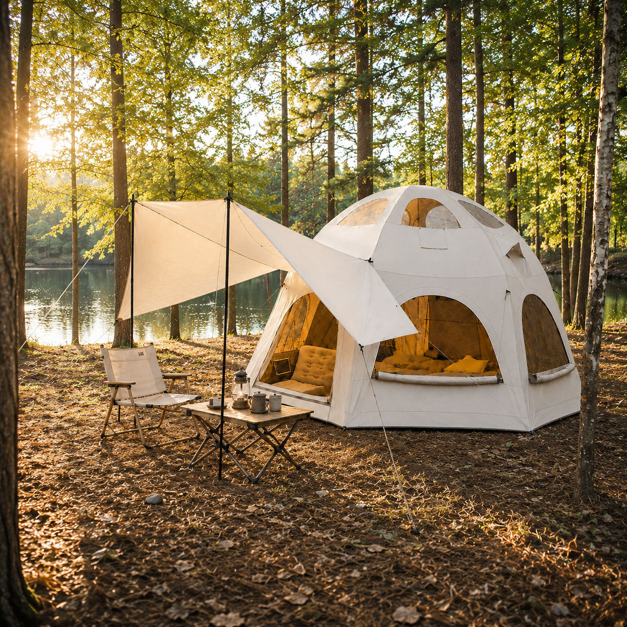 Inflatable Dome Tent 6-8 Person with AC Port & Stove Jack - 420D Oxford 4 Season Air Tent, 6 Skylights & Rainfly, Khaki