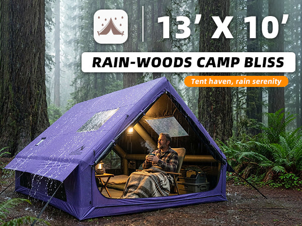 Heavy-duty waterproof inflatable tent protecting campers in a rainy forest.