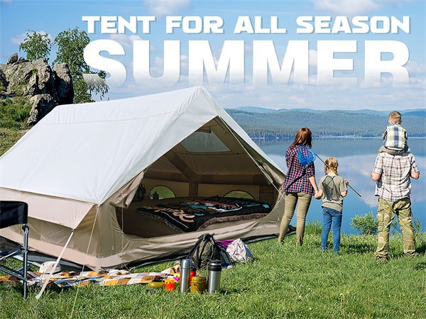 Inflatable camping tent with rainfly by the lake in summer, bright interior space ideal for family camping trips