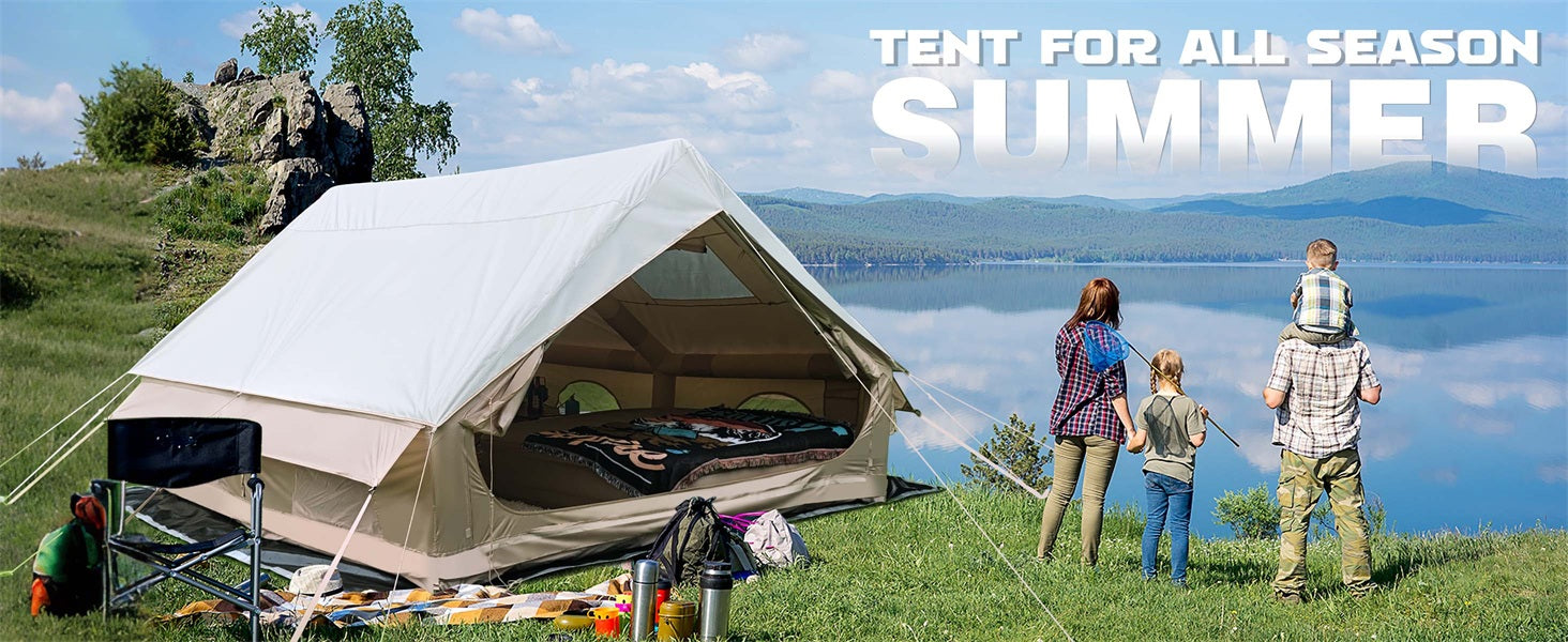 Inflatable camping tent with rainfly by the lake in summer, bright interior space ideal for family camping trips