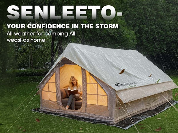 Inflatable camping tent with rainfly in heavy rain, waterproof protection and stable structure for all weather use