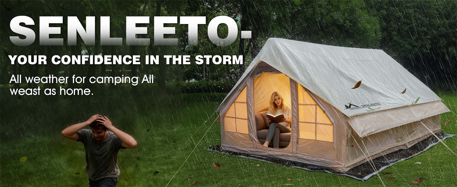 Inflatable camping tent with rainfly in heavy rain, waterproof protection and stable structure for all weather use