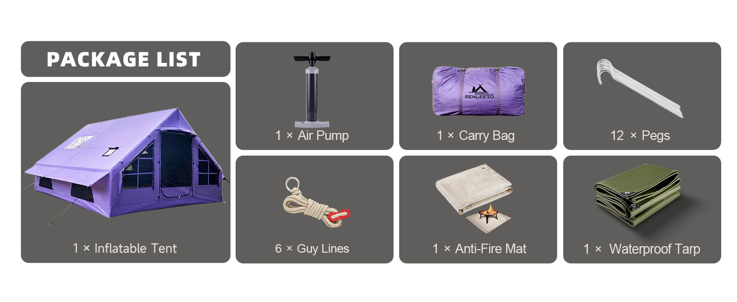 SENLEETO purple inflatable tent package list: tent, pump, bag, 12 pegs, 6 guy lines, anti-fire mat, waterproof tarp.