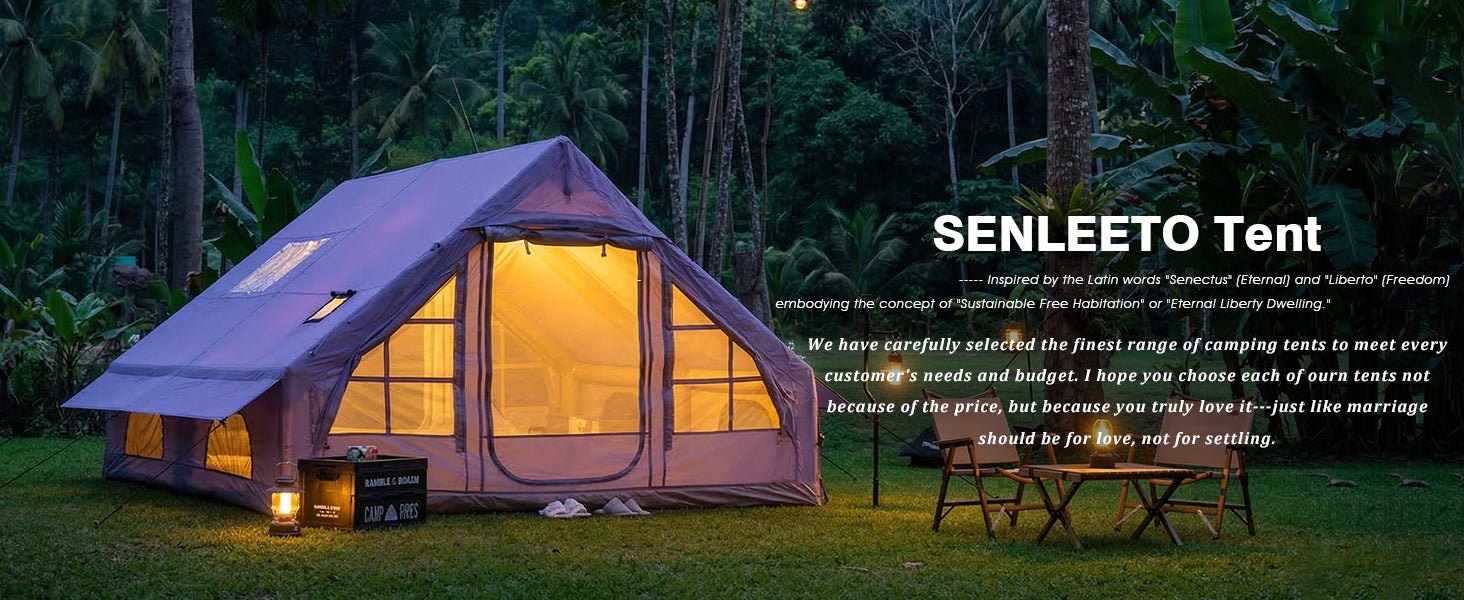 Glowing Senleeto inflatable glamping tent in a lush forest at dusk, featuring the brand story text overlay.