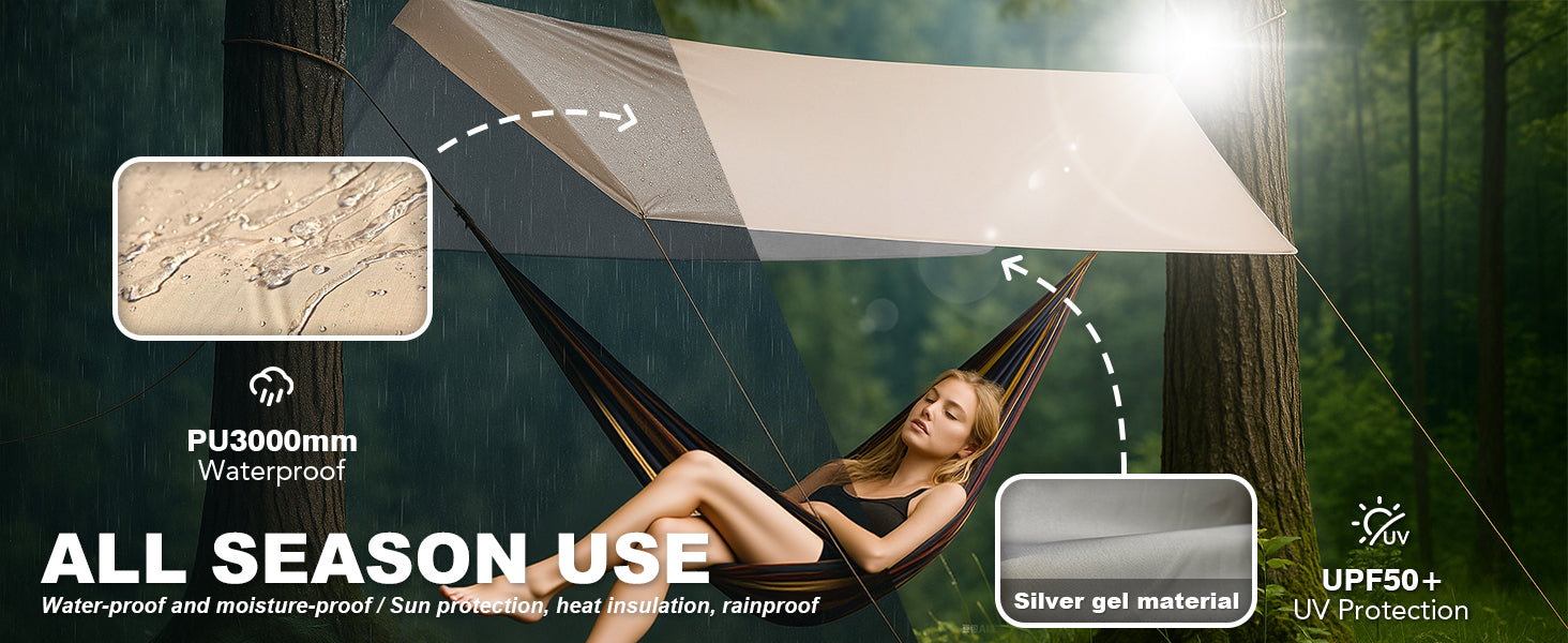 Tent rainfly with PU3000mm waterproof coating and UPF50+ UV protection, durable fabric for all season outdoor camping