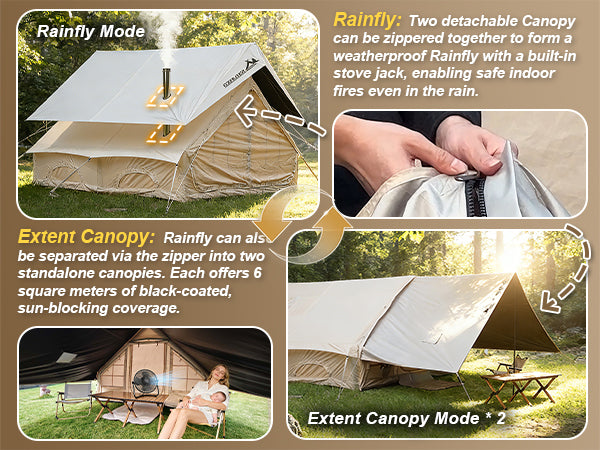 Senleeto 2-in-1 tent: rainfly mode with stove jack or two 6sqm standalone black-coated sun-blocking canopies.