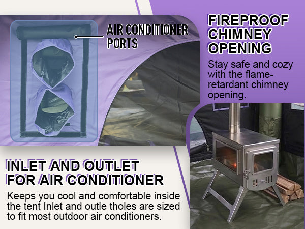 Senleeto tent details showing dual AC ports for cooling and a fireproof chimney opening for heating.