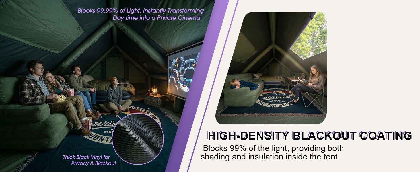 High-density blackout coating of the Senleeto tent blocking 99% of daylight, keeping the interior dark and insulated.