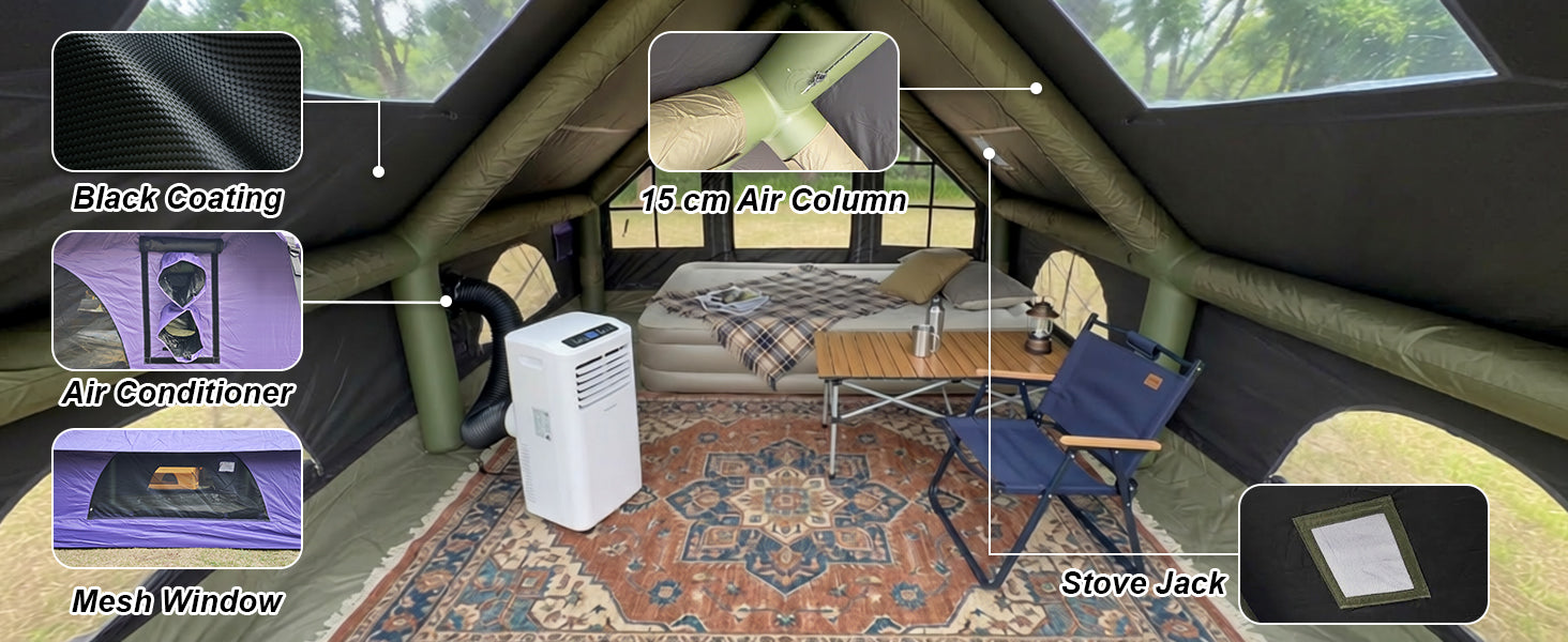 Furnished Senleeto tent interior showing premium features: black coating, AC port, stove jack, and mesh windows.