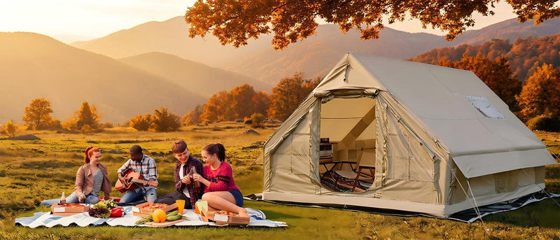 Senleeto inflatable camping tent set up in autumn meadow with family picnic