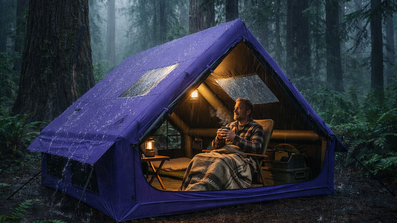 Man relaxing inside purple Senleeto inflatable tent during heavy rain in misty redwood forest