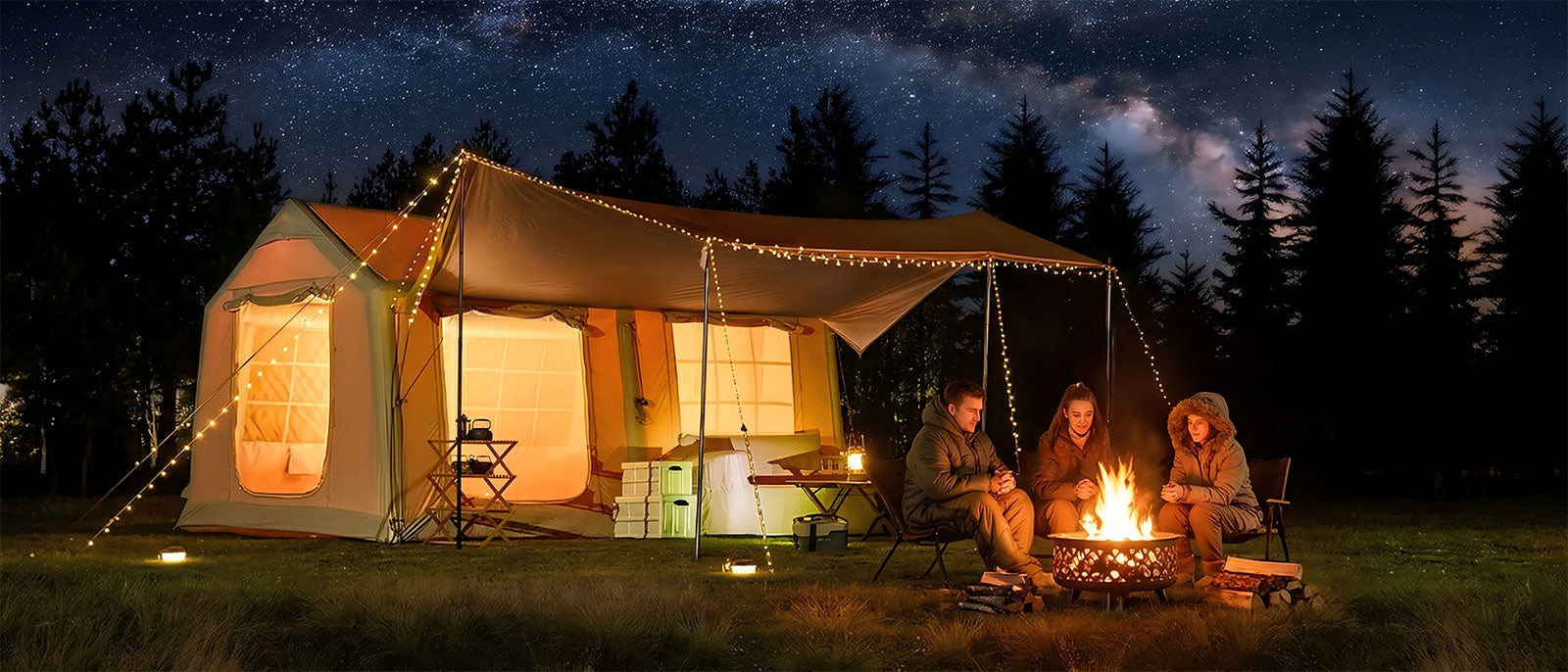 Couple sitting by campfire outside illuminated inflatable tent under starry night sky