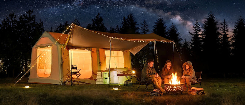 Couple sitting by campfire outside illuminated inflatable tent under starry night sky