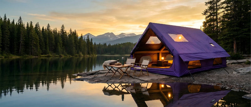 Purple inflatable glamping tent set up by a forest lake at sunset.