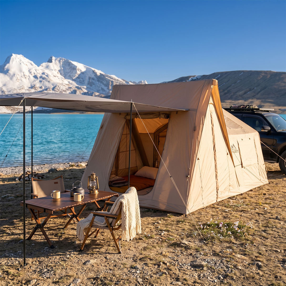 Senleeto inflatable A-frame tent with extended awning