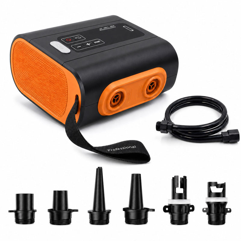 SENLEETO cordless electric air pump kit with hose and six valve adapters on a white background