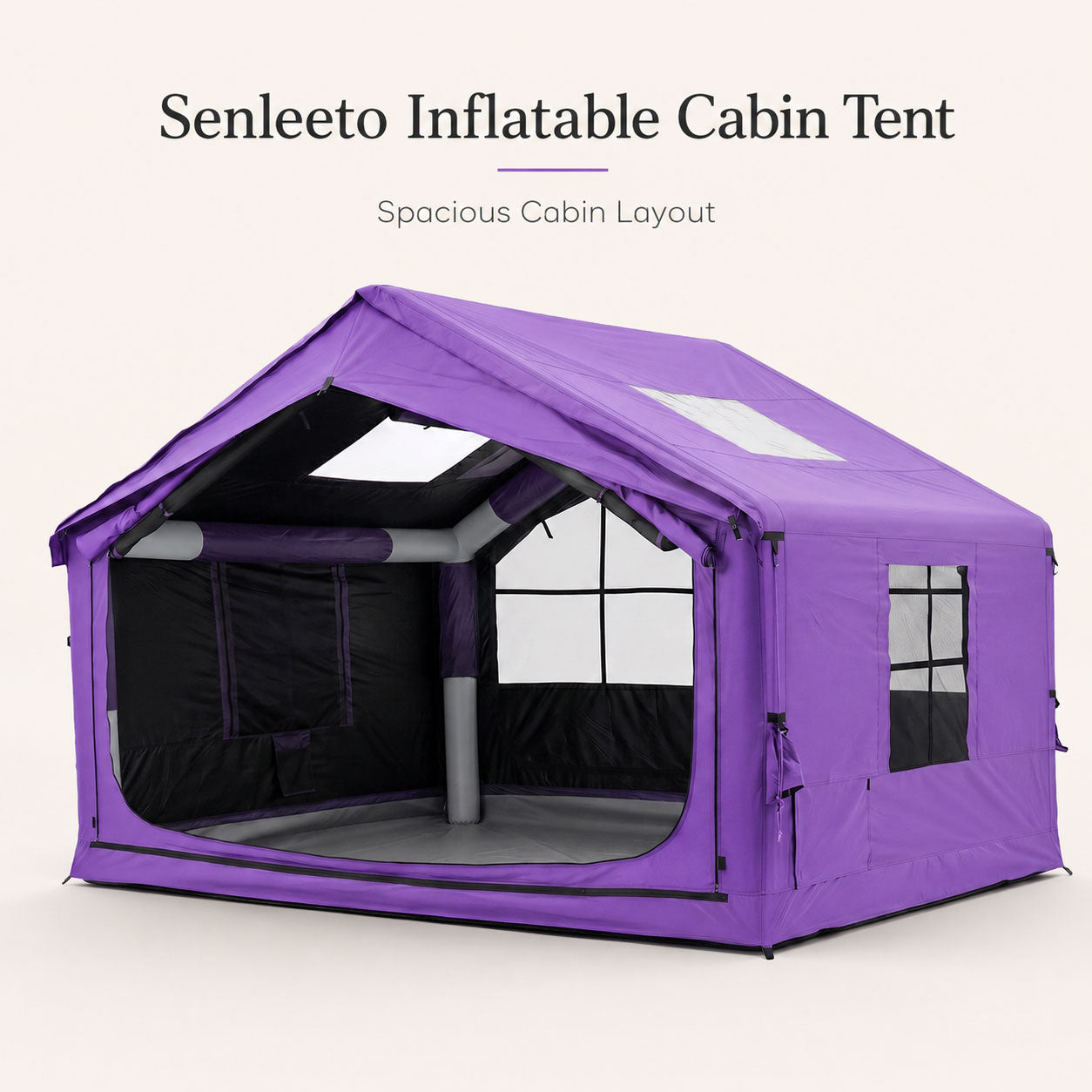 Purple Senleeto 7.5 square meter inflatable cabin tent with a spacious front opening