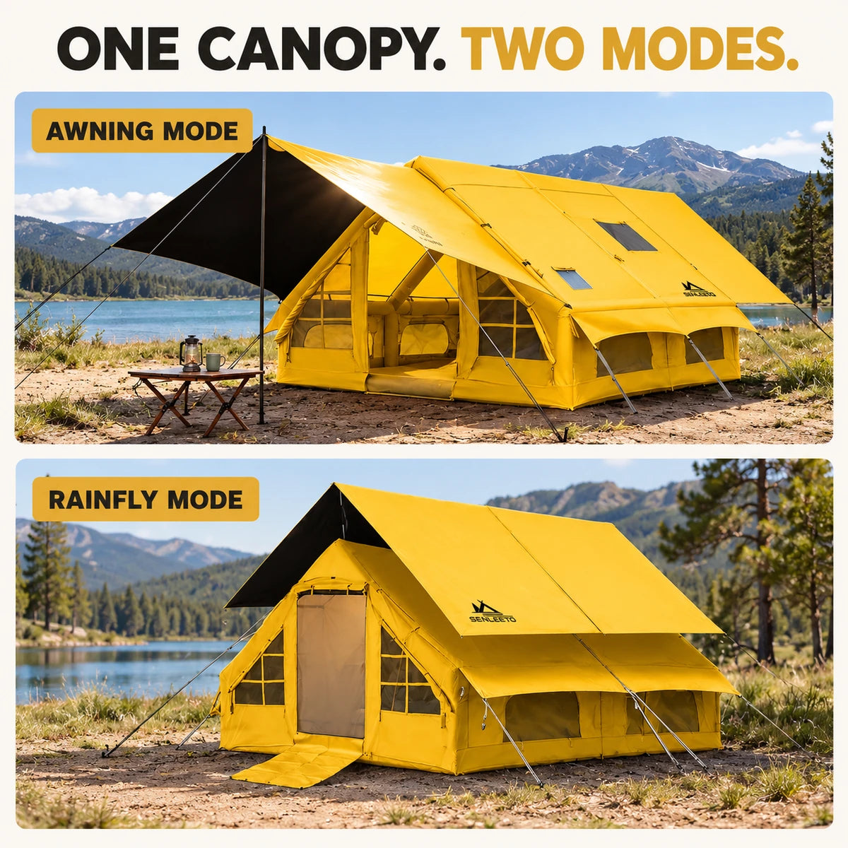 Senleeto yellow inflatable tent shown with its canopy raised as an awning and lowered as a rainfly.