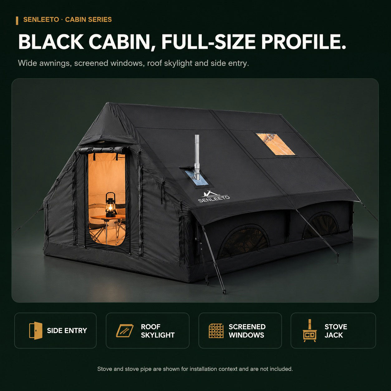 Senleeto black inflatable cabin tent with side entry, roof skylight, screened windows and stove jack