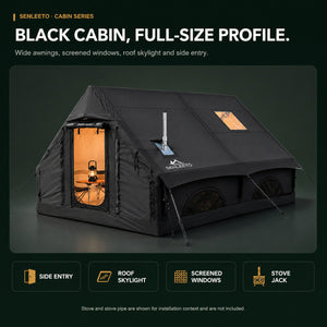 Senleeto black inflatable cabin tent with side entry, roof skylight, screened windows and stove jack