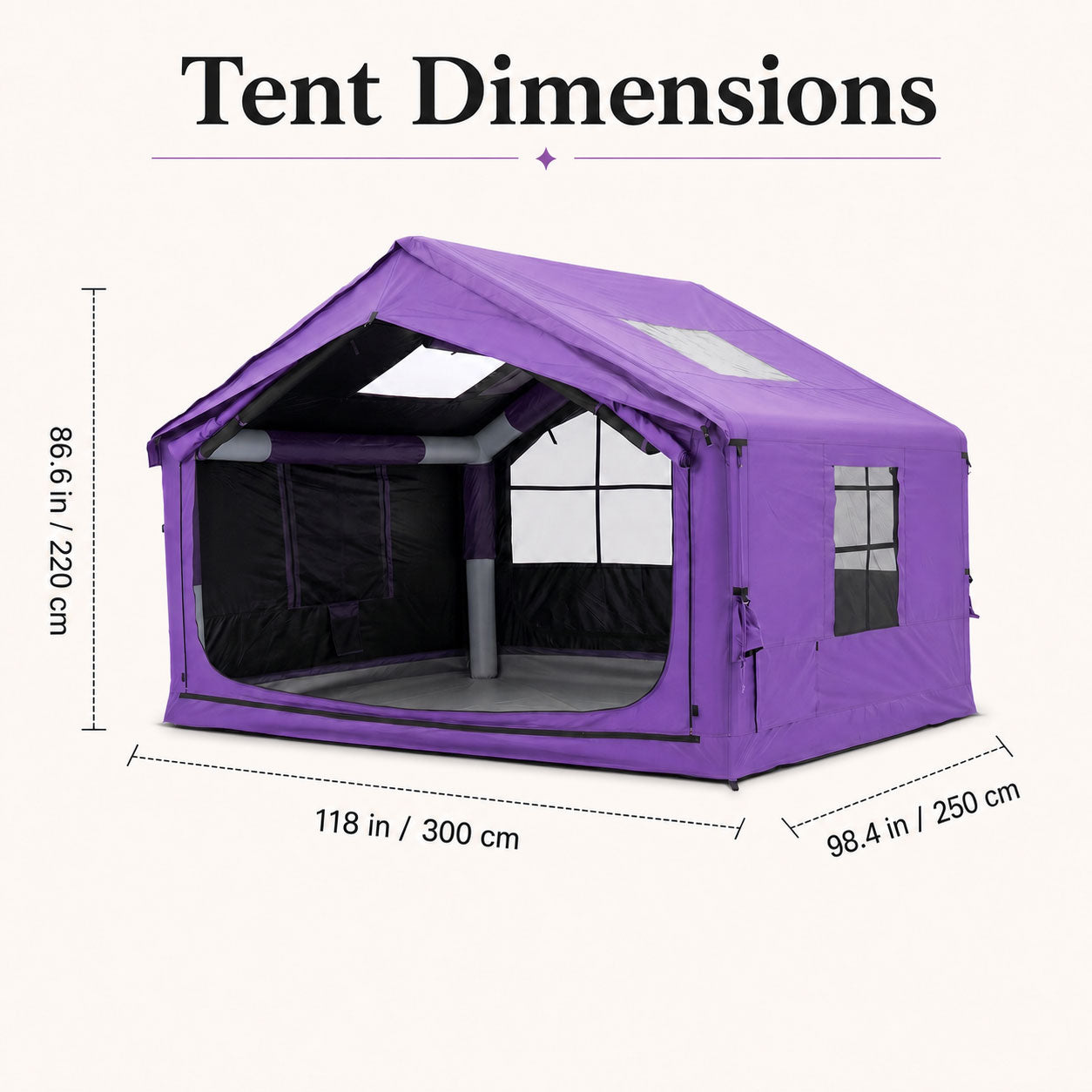 Purple inflatable cabin tent measuring 118 by 98.4 by 86.6 inches