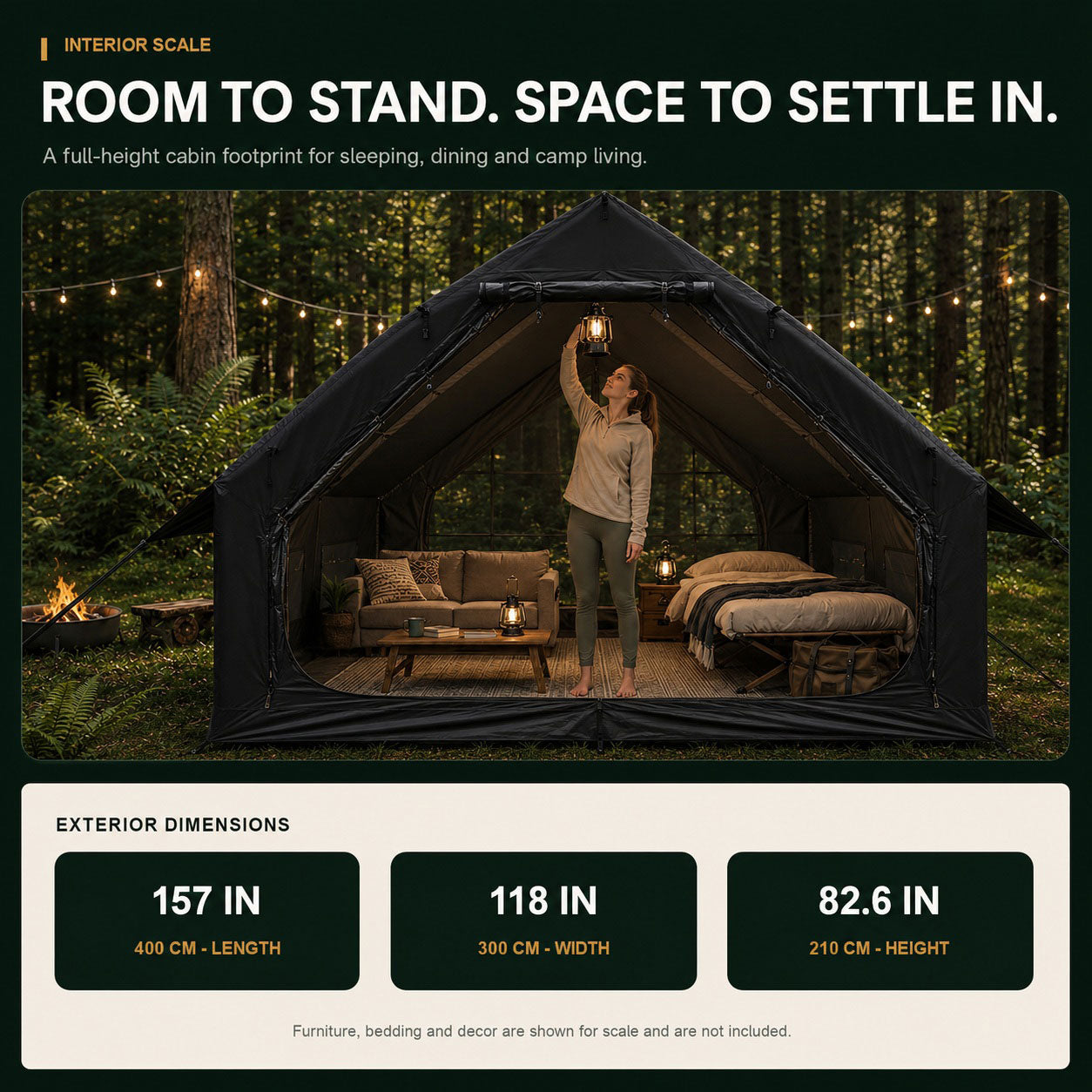 Senleeto 13 x 10 ft black inflatable cabin tent with 157 by 118 by 82.6 inch exterior dimensions