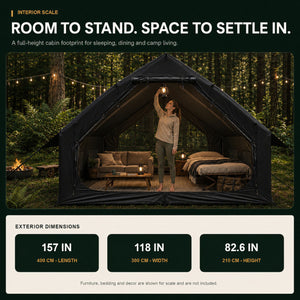 Senleeto 13 x 10 ft black inflatable cabin tent with 157 by 118 by 82.6 inch exterior dimensions