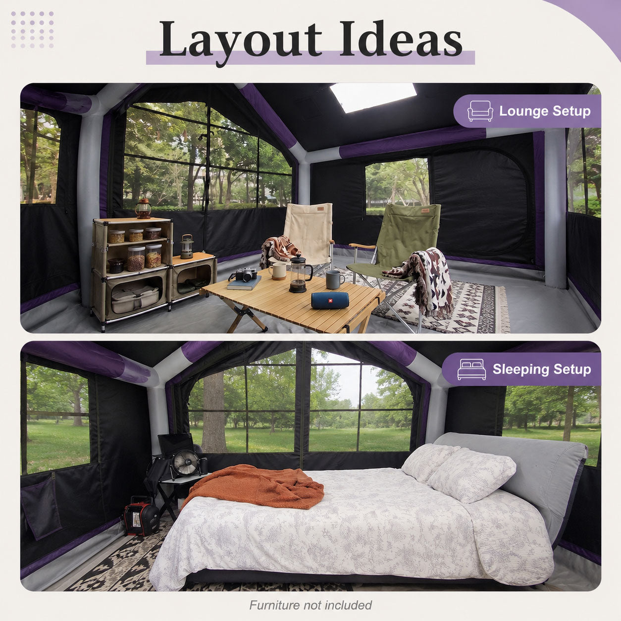Lounge and sleeping layout examples inside the purple Senleeto inflatable cabin tent