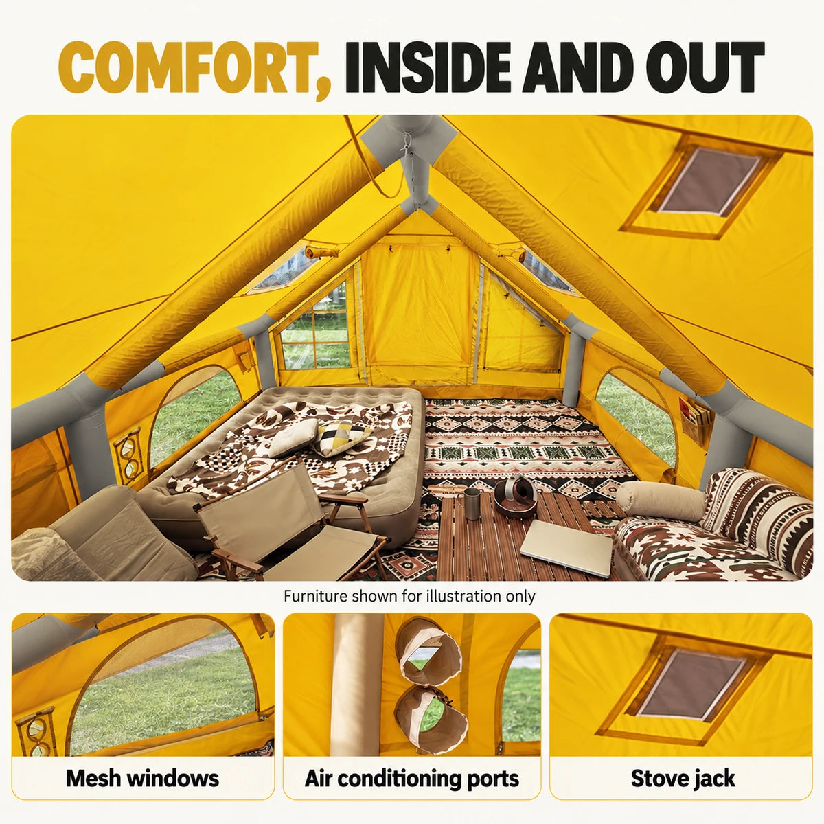 Interior of the yellow inflatable tent with close-ups of mesh windows, air conditioning ports and a stove jack.