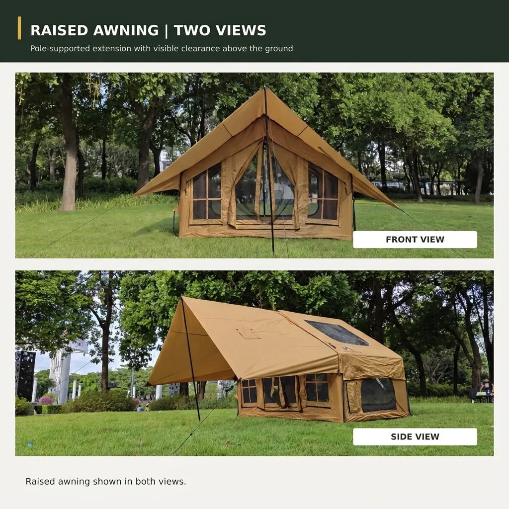 Cabin 7x10 inflatable tent with pole-supported raised awning shown in front and side views