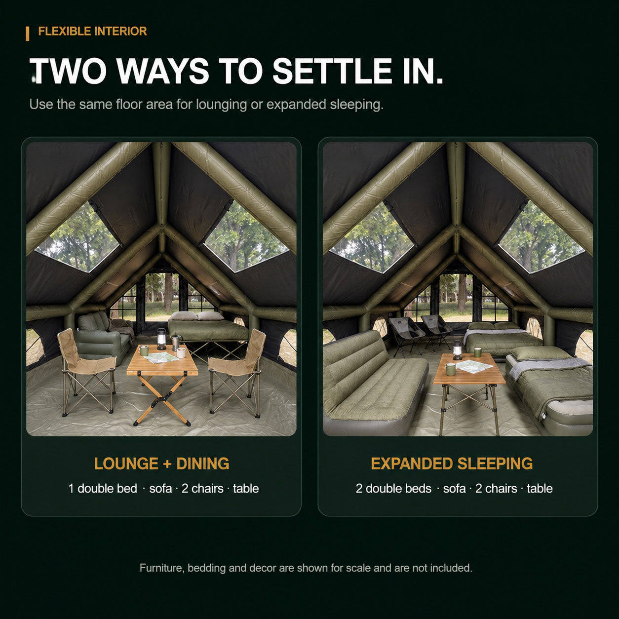 Two furniture and sleeping layouts inside the Senleeto black inflatable cabin tent